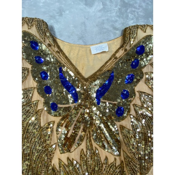 Silk Sequin Butterfly Top Womens Medium Gold Blue Embellished Festival Y2K Boho - Picture 2 of 8